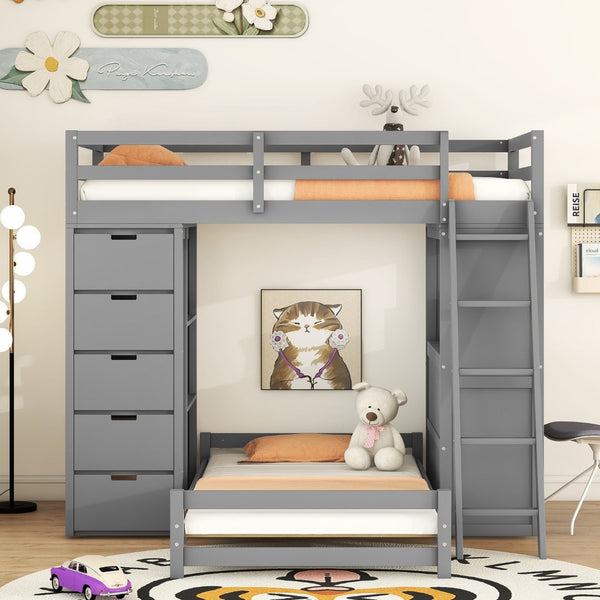 English Elm Twin Over Kids Bunk Bed with Led Lighting Usb Ports Desk and Gray Finish LT001218AAE