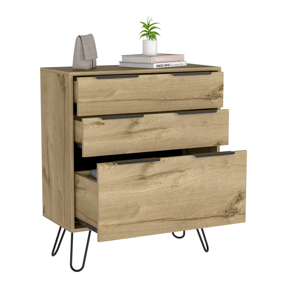English Elm Light Mid-Century Dresser 35"H with Three Spacious Drawers, Hairpin Legs and Durable Top Finish Beige 34.64 L x 23.62 W x 6.69 H B097132921