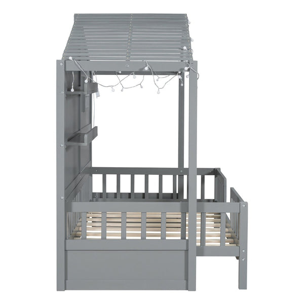 English Elm Twin House Bed Frame with Led Roof Glow Built-in Shelves and Window Cutout Detail LP000522AAE-1