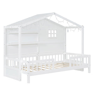 English Elm Twin House Bed Frame with Led Roof Glow Built-in Shelves and Window Cutout Detail LP000522AAK-1