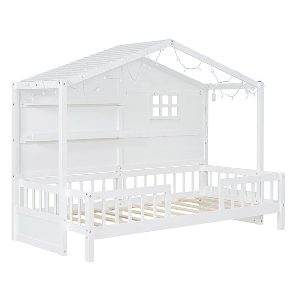 English Elm Twin House Bed Frame with Led Roof Glow Built-in Shelves and Window Cutout Detail LP000522AAK-1