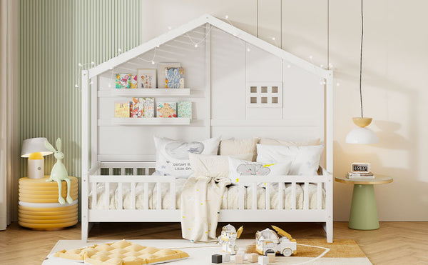 English Elm Twin House Bed Frame with Led Roof Glow Built-in Shelves and Window Cutout Detail LP000522AAK-1
