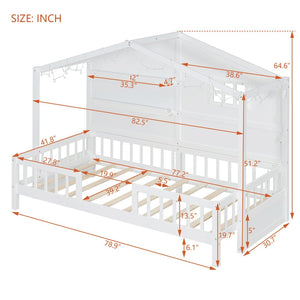 English Elm Twin House Bed Frame with Led Roof Glow Built-in Shelves and Window Cutout Detail LP000522AAK-1