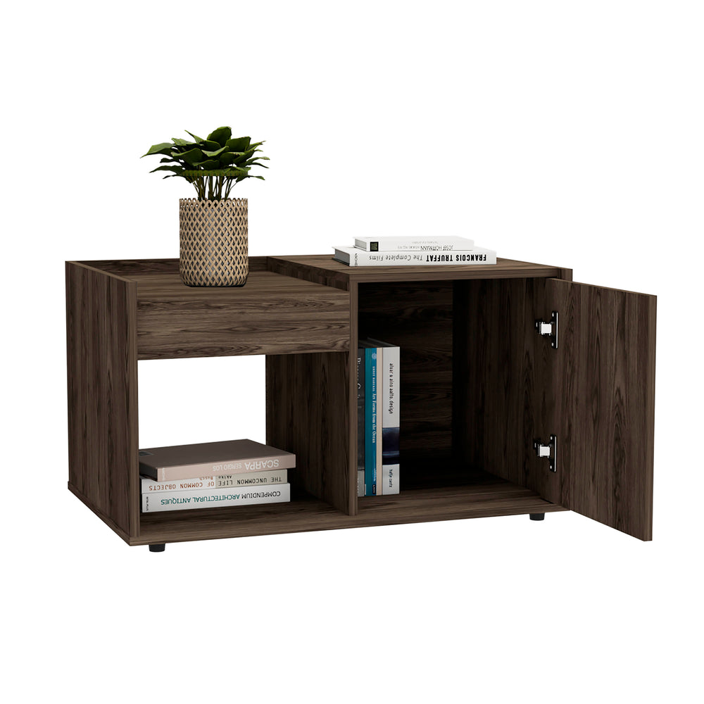 English Elm Coffee Coffee Table with One Open Shelf & Single Door Cabinet, Dark Walnut Finish, 37.1" Top, Multifunctional Elegance B097132883