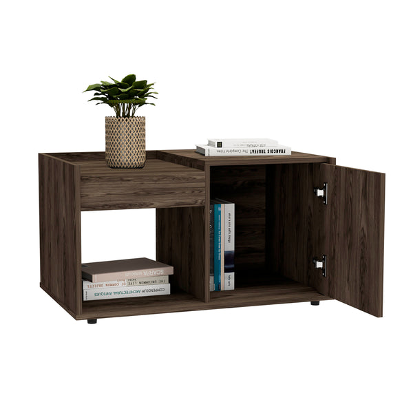 English Elm Coffee Coffee Table with One Open Shelf & Single Door Cabinet, Dark Walnut Finish, 37.1" Top, Multifunctional Elegance B097132883