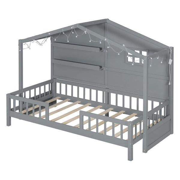 English Elm Twin House Bed Frame with Led Roof Glow Built-in Shelves and Window Cutout Detail LP000522AAE-1