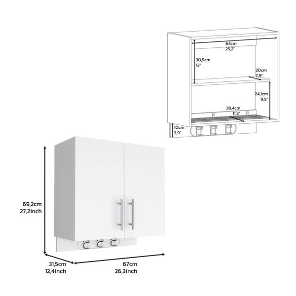 English Elm Wall cabinet 27" H White with 3 Broom Hangers, Metal Handles, Dual Shelves & Double Doors for Storage B097132881