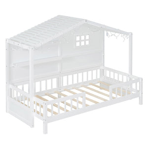 English Elm Twin House Bed Frame with Led Roof Glow Built-in Shelves and Window Cutout Detail LP000522AAK-1