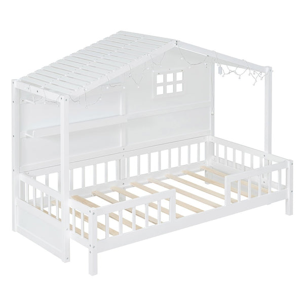 English Elm Twin House Bed Frame with Led Roof Glow Built-in Shelves and Window Cutout Detail LP000522AAK-1