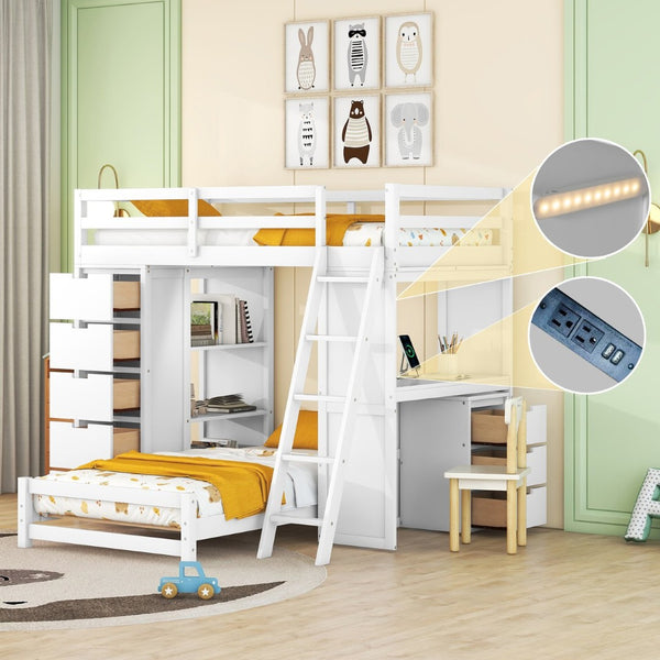 English Elm Twin Over Kids Bunk Bed with Led Lighting Usb Ports Desk and Gray Finish LT001218AAK