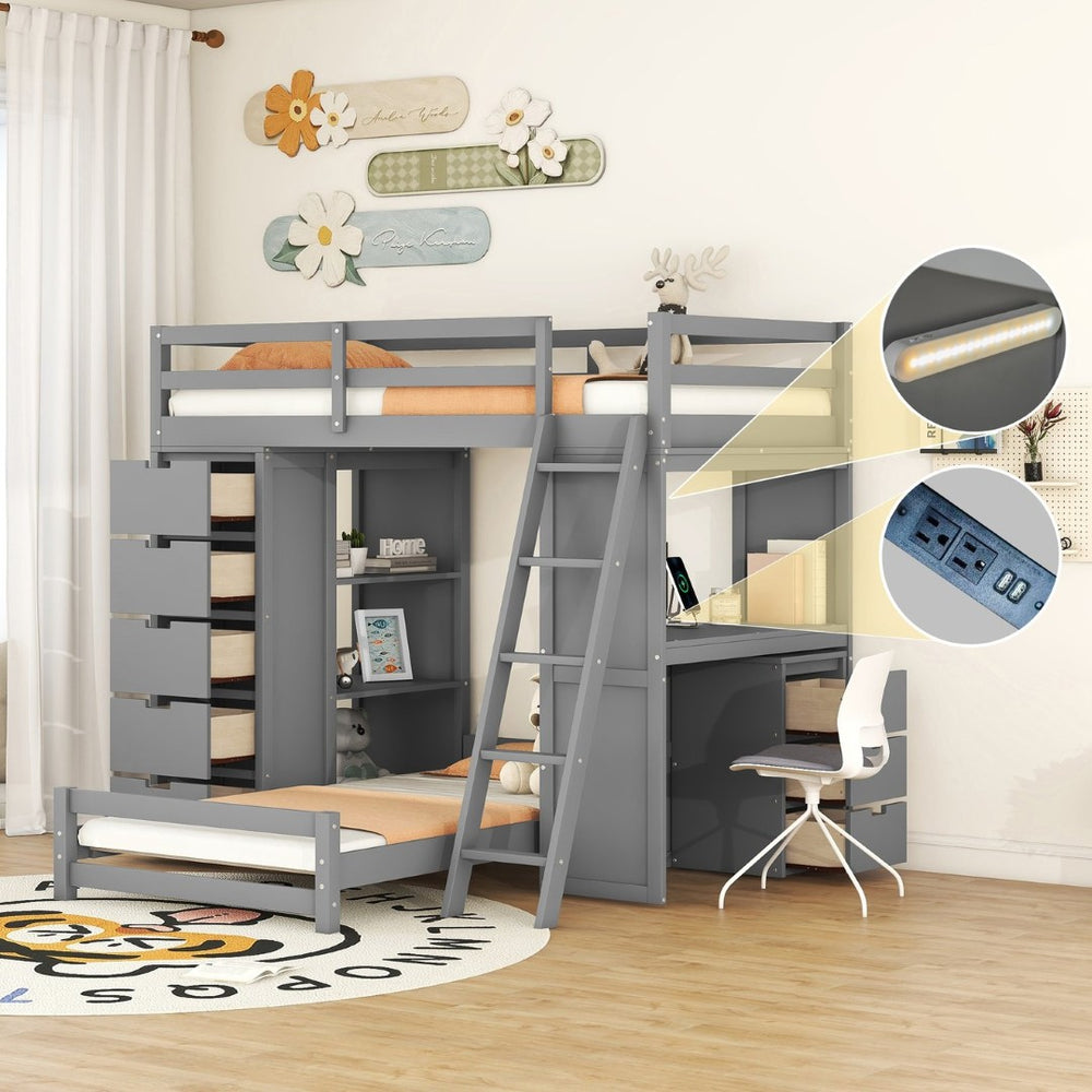English Elm Twin Over Kids Bunk Bed with Led Lighting Usb Ports Desk and Gray Finish LT001218AAE