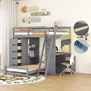 English Elm Twin Over Kids Bunk Bed with Led Lighting Usb Ports Desk and Gray Finish LT001218AAE