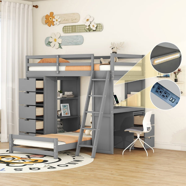 English Elm Twin Over Kids Bunk Bed with Led Lighting Usb Ports Desk and Gray Finish LT001218AAE