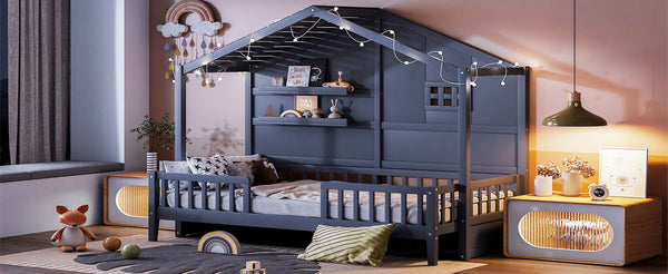 English Elm Twin House Bed Frame with Led Roof Glow Built-in Shelves and Window Cutout Detail LP000522AAE-1