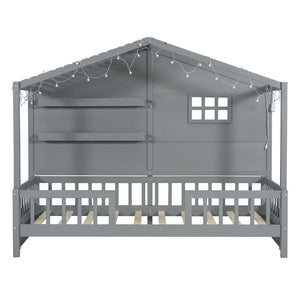 English Elm Twin House Bed Frame with Led Roof Glow Built-in Shelves and Window Cutout Detail LP000522AAE-1
