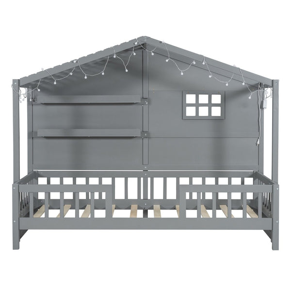 English Elm Twin House Bed Frame with Led Roof Glow Built-in Shelves and Window Cutout Detail LP000522AAE-1