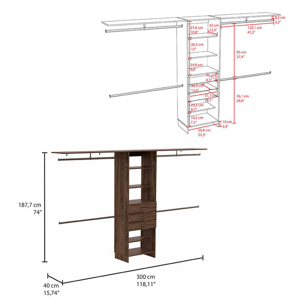 English Elm Plego Adjustable 69"-118" Closet System with 5 Shelves, 4 Rods & 3 Drawers in Dark Walnut Finish B070S00186