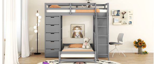 English Elm Twin Over Kids Bunk Bed with Led Lighting Usb Ports Desk and Gray Finish LT001218AAE