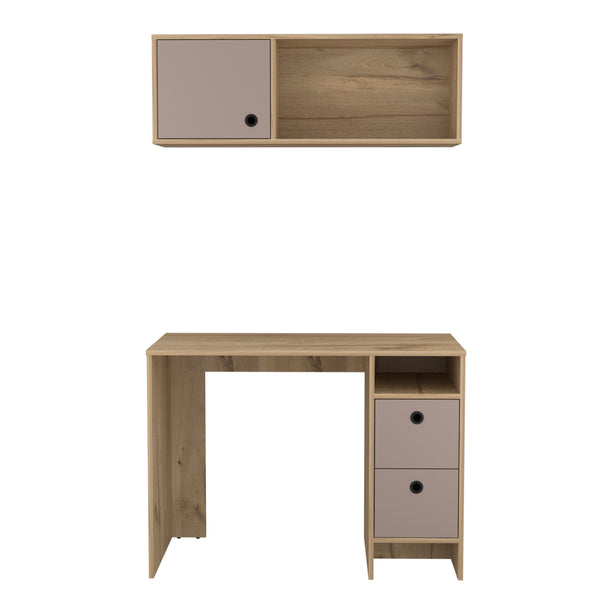 English Elm Khali 2-Pc Office Set with Desk & Wall Cabinet, Light Oak/Taupe Finish, 2 Drawers, Shelves, Compact Desk Surface B200S00185