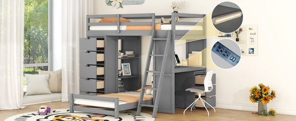 English Elm Twin Over Kids Bunk Bed with Led Lighting Usb Ports Desk and Gray Finish LT001218AAE