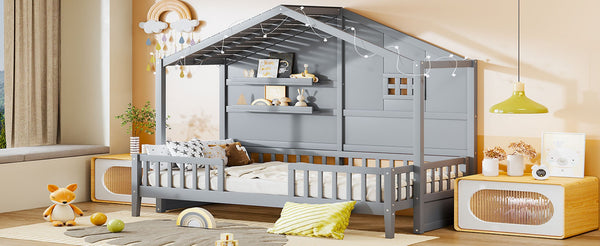 English Elm Twin House Bed Frame with Led Roof Glow Built-in Shelves and Window Cutout Detail LP000522AAE-1