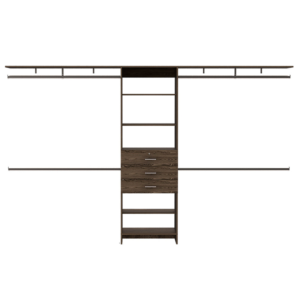 English Elm Plego Adjustable 69"-118" W Closet System in Dark Walnut & Black — 5 Shelves, 4 Rods, 3 Drawers, Durable Particleboard B200S00186