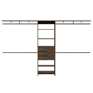 English Elm Plego Adjustable 69"-118" W Closet System in Dark Walnut & Black — 5 Shelves, 4 Rods, 3 Drawers, Durable Particleboard B200S00186