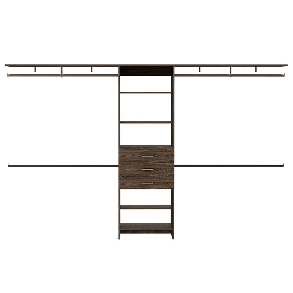 English Elm Plego Adjustable 69"-118" W Closet System in Dark Walnut & Black — 5 Shelves, 4 Rods, 3 Drawers, Durable Particleboard B200S00186