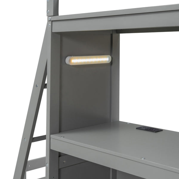 English Elm Twin Over Kids Bunk Bed with Led Lighting Usb Ports Desk and Gray Finish LT001218AAE