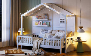 English Elm Twin House Bed Frame with Led Roof Glow Built-in Shelves and Window Cutout Detail LP000522AAK-1