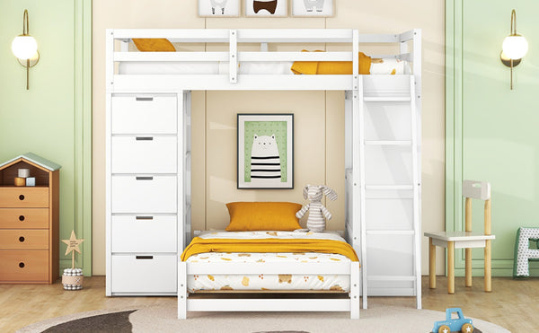English Elm Twin Over Kids Bunk Bed with Led Lighting Usb Ports Desk and Gray Finish LT001218AAK