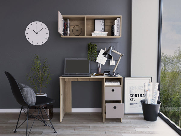 English Elm Khali Modern Office Set with Desk & Wall Cabinet, 2 Drawers, 2 Shelves, Light Oak/Taupe Finish B070S00185