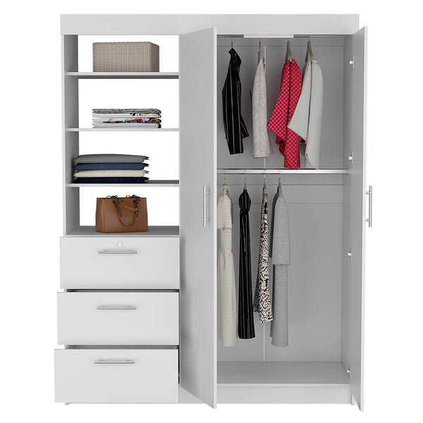 English Elm Kenya Spacious 3-Drawer Armoire with Double Doors, 3-Tier Shelves, Metal Handles & Hangers for Organized Bedroom Storage White 75.2 L x 22.8 W x 4.3 H B200S00166