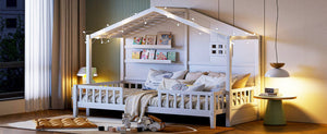 English Elm Twin House Bed Frame with Led Roof Glow Built-in Shelves and Window Cutout Detail LP000522AAK-1
