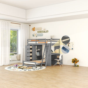 English Elm Twin Over Kids Bunk Bed with Led Lighting Usb Ports Desk and Gray Finish LT001218AAE