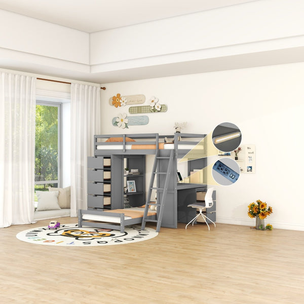 English Elm Twin Over Kids Bunk Bed with Led Lighting Usb Ports Desk and Gray Finish LT001218AAE