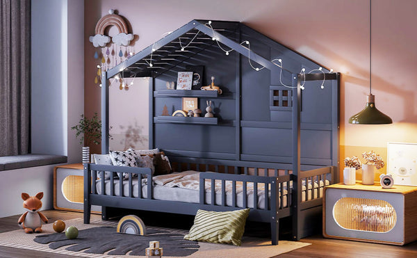 English Elm Twin House Bed Frame with Led Roof Glow Built-in Shelves and Window Cutout Detail LP000522AAE-1