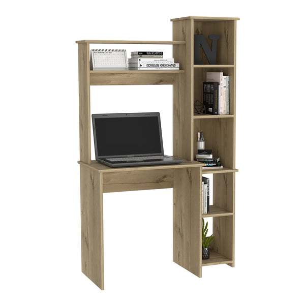 English Elm Desk, Space-Saving Home Office Workstation with Hutch and Five Open Shelves for Books & Tech Beige 42.91 L x 32.28 W x 5.91 H B097132895