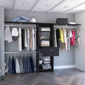 English Elm Plego Adjustable 70"-118" Wide Closet System with 4 Hanging Rods, 5 Shelves & Single Drawer - Black B070S00187