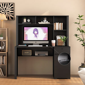 English Elm Computer Desk with Hutch & Bookshelf Black MDF, Lockable Drawer, Monitor Stand, 3 AC & 2 USB Ports, Spacious Workstation W1321P289999