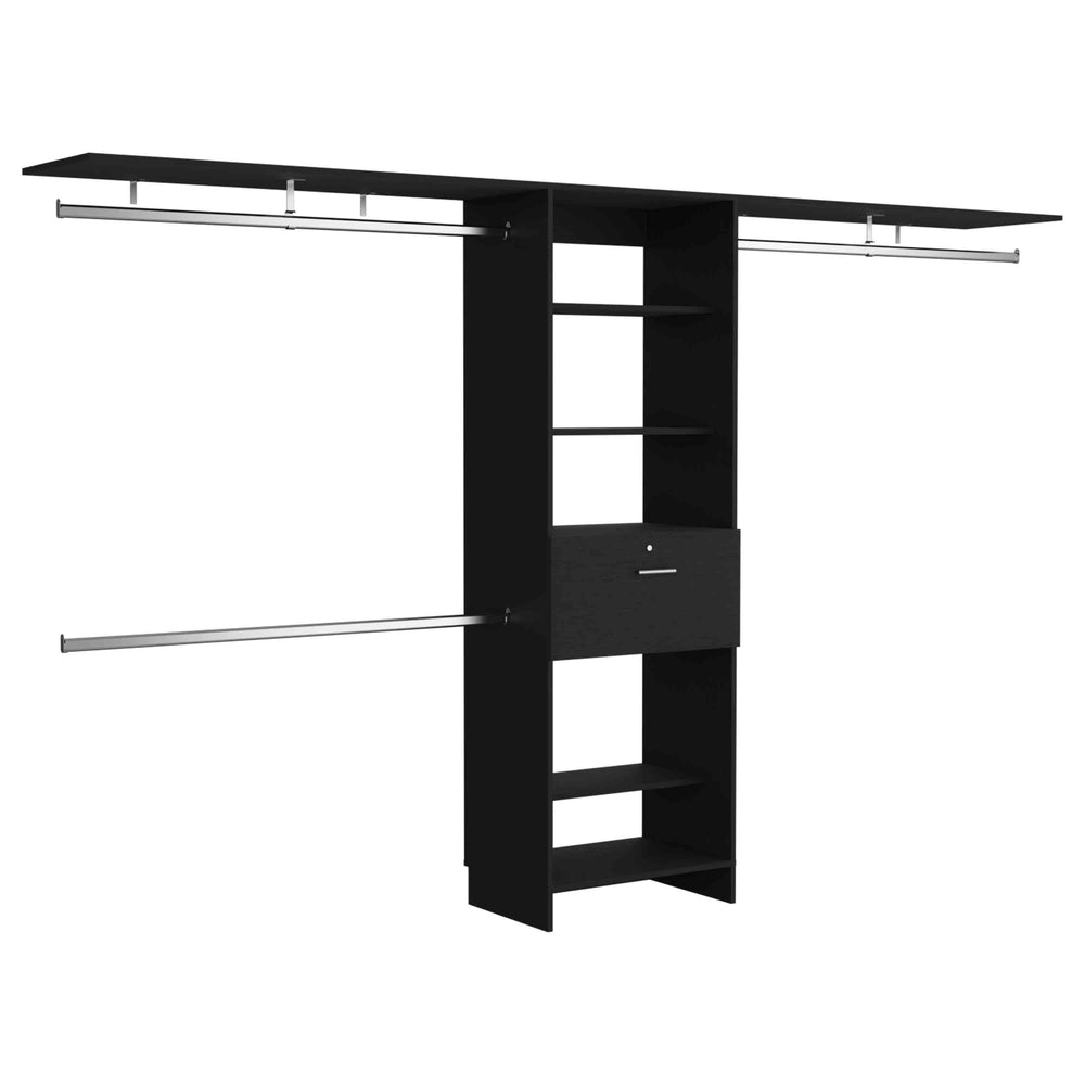 English Elm Plego Adjustable 70-118" Closet System with 4 Hanging Rods, 5 Shelves & 1 Drawer, Black Finish B200S00187