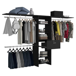 English Elm Plego Adjustable 70"-118" Wide Closet System with 4 Hanging Rods, 5 Shelves & Single Drawer - Black B070S00187