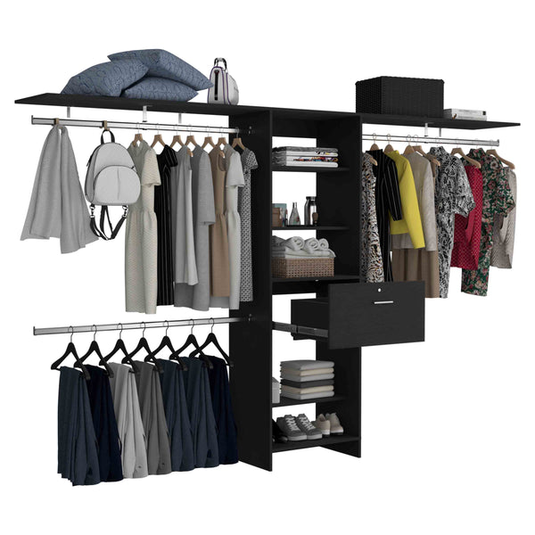English Elm Plego Adjustable 70"-118" Wide Closet System with 4 Hanging Rods, 5 Shelves & Single Drawer - Black B070S00187