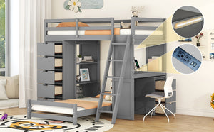 English Elm Twin Over Kids Bunk Bed with Led Lighting Usb Ports Desk and Gray Finish LT001218AAE