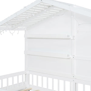 English Elm Twin House Bed Frame with Led Roof Glow Built-in Shelves and Window Cutout Detail LP000522AAK-1