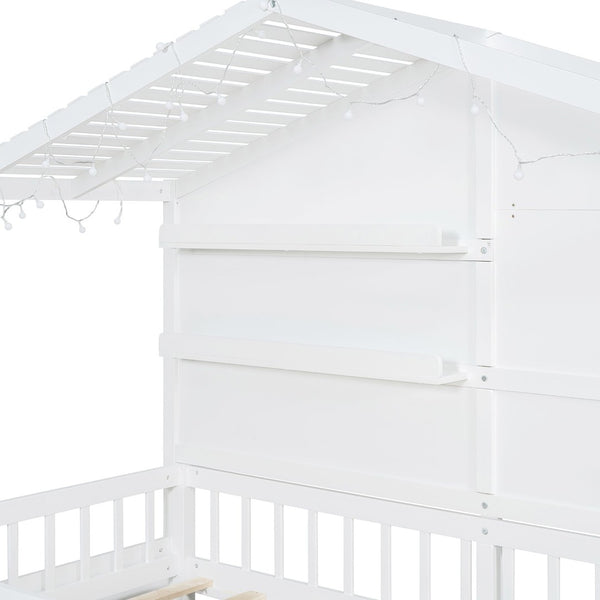 English Elm Twin House Bed Frame with Led Roof Glow Built-in Shelves and Window Cutout Detail LP000522AAK-1