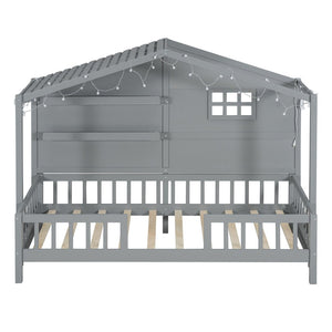 English Elm Twin House Bed Frame with Led Roof Glow Built-in Shelves and Window Cutout Detail LP000522AAE-1