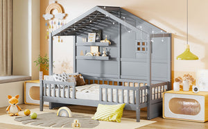 English Elm Twin House Bed Frame with Led Roof Glow Built-in Shelves and Window Cutout Detail LP000522AAE-1