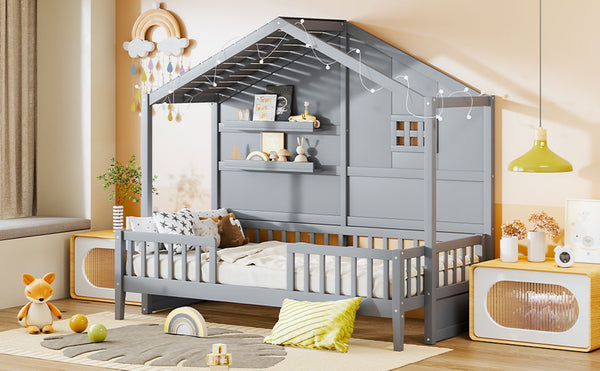 English Elm Twin House Bed Frame with Led Roof Glow Built-in Shelves and Window Cutout Detail LP000522AAE-1