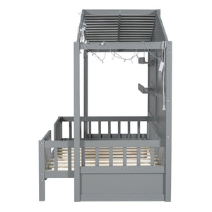 English Elm Twin House Bed Frame with Led Roof Glow Built-in Shelves and Window Cutout Detail LP000522AAE-1
